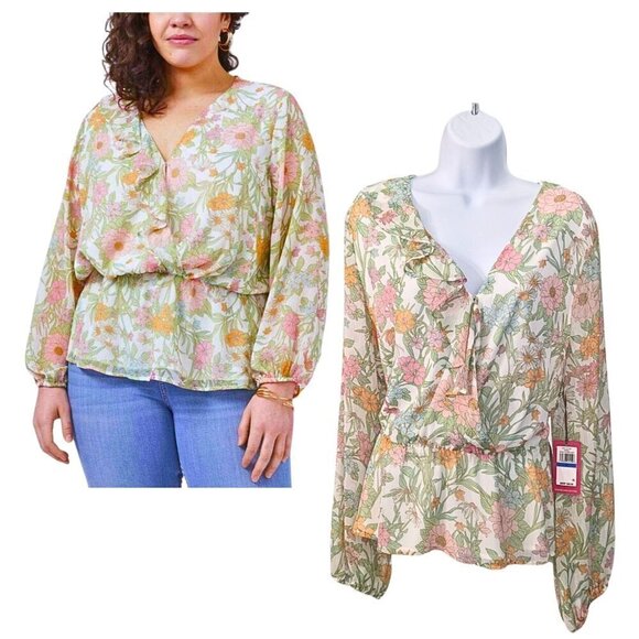 NWT VINCE CAMUTO Long Sleeve Vernona Garden Wrap Blouse Ivory Cottage Size XL - Picture 1 of 9